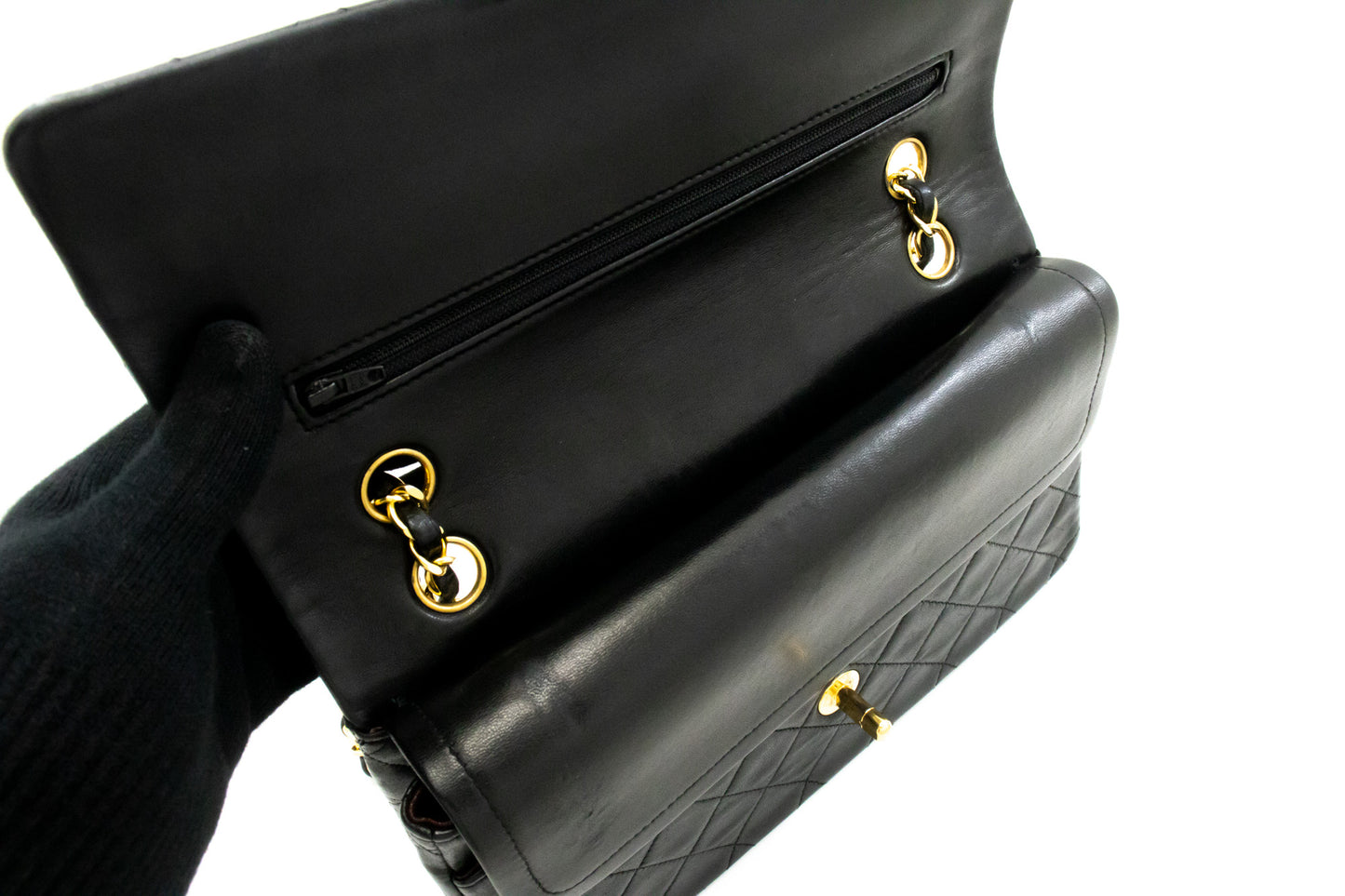 CHANEL Classic Double Flap 10" Chain Shoulder Bag Black Lambskin am2 hannari-shop