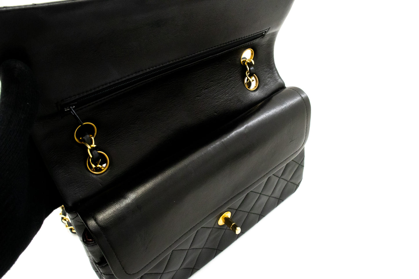 CHANEL Classic Double Flap 10" Chain Shoulder Bag Black Lambskin ak7 hannari-shop