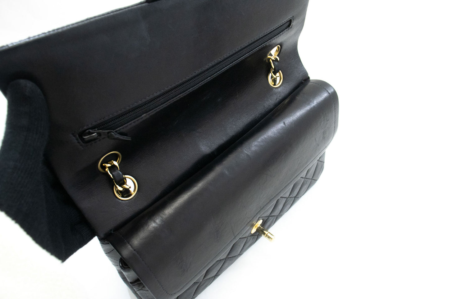 CHANEL Classic Double Flap 10" Chain Shoulder Bag Black Lambskin ac9 hannari-shop