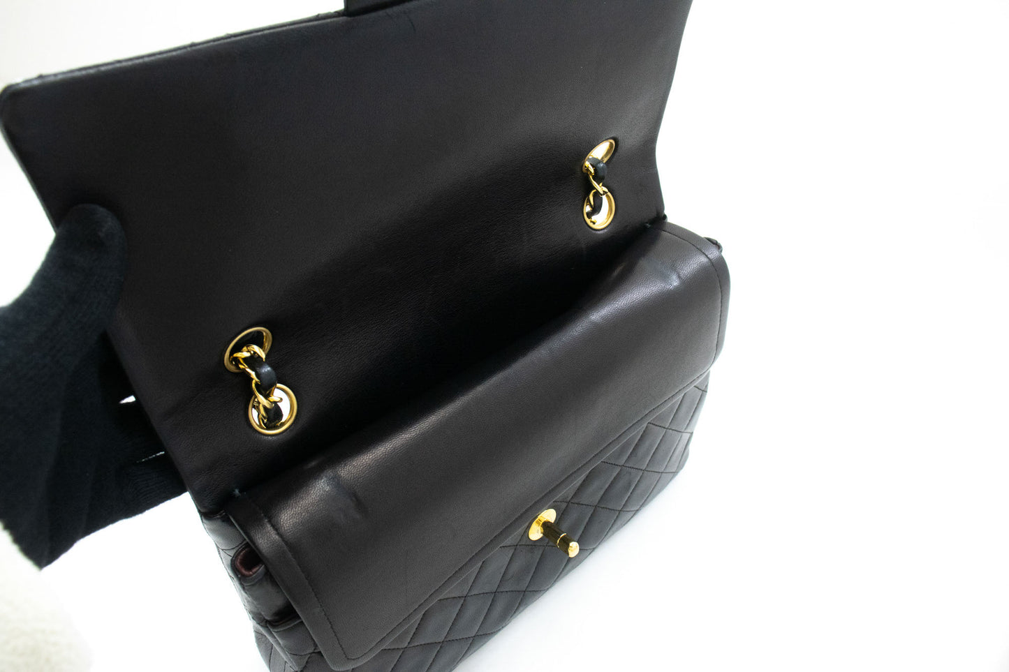 CHANEL Classic Double Flap Square Chain Shoulder Bag Black Lamb ad1 hannari-shop