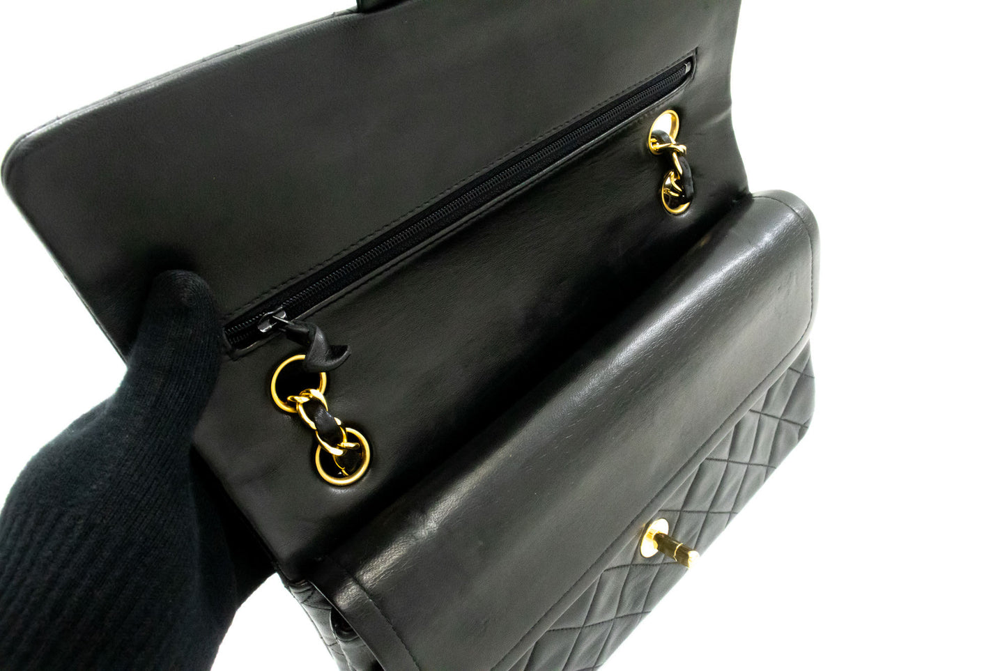 CHANEL Classic Double Flap 10" Chain Shoulder Bag Black Lambskin ag1 hannari-shop