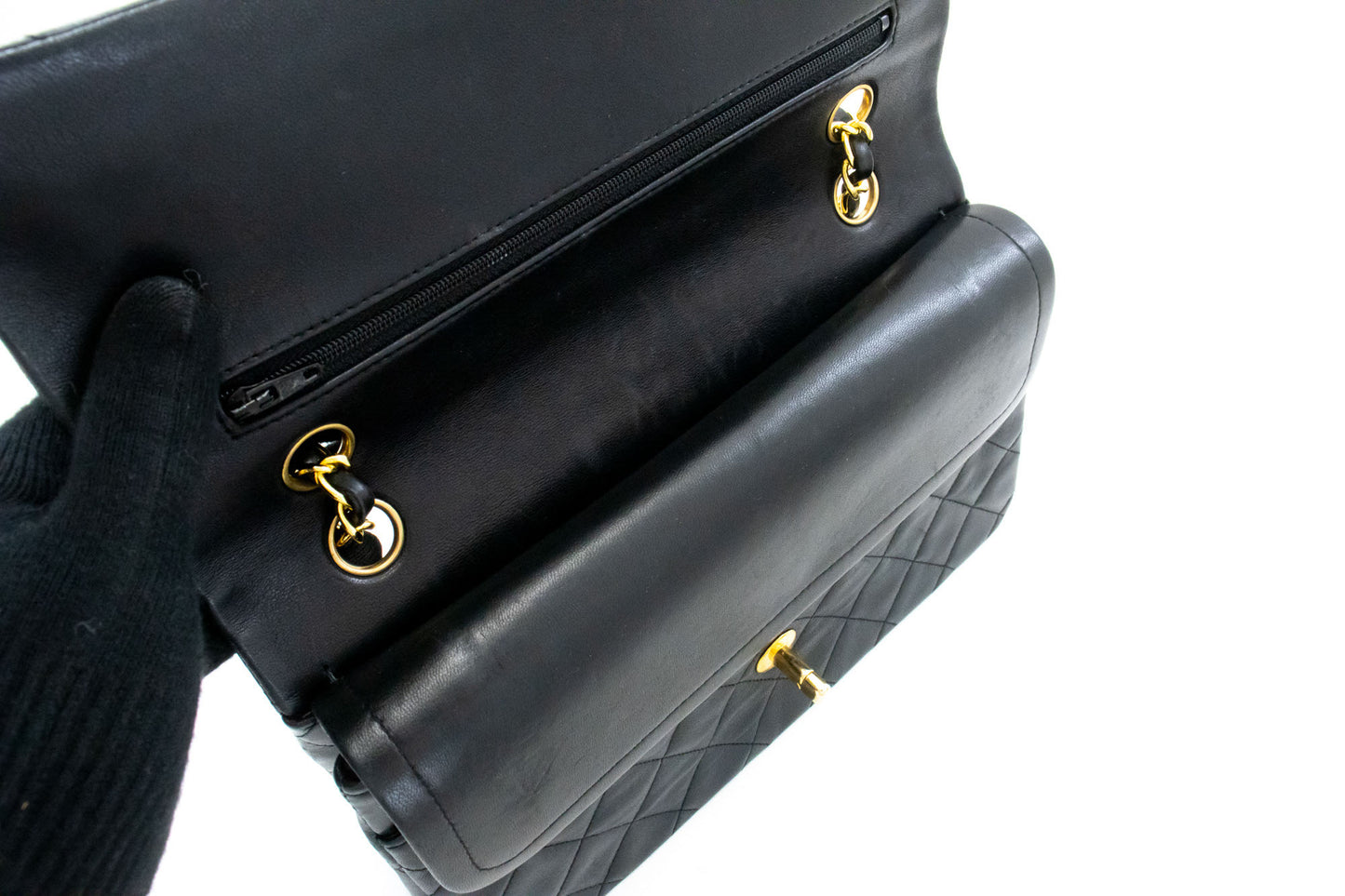 CHANEL Classic Double Flap 10" Chain Shoulder Bag Black Lambskin aj5 hannari-shop