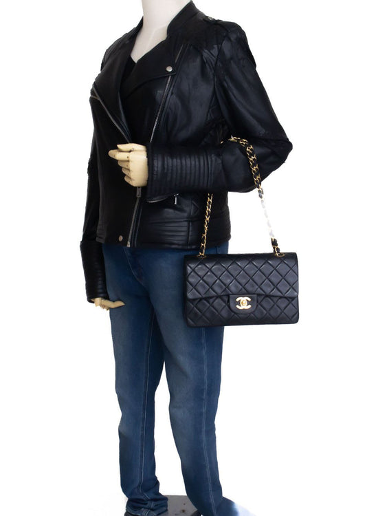 CHANEL Classic Double Flap 9" Chain Shoulder Bag Black Lambskin aj4 hannari-shop