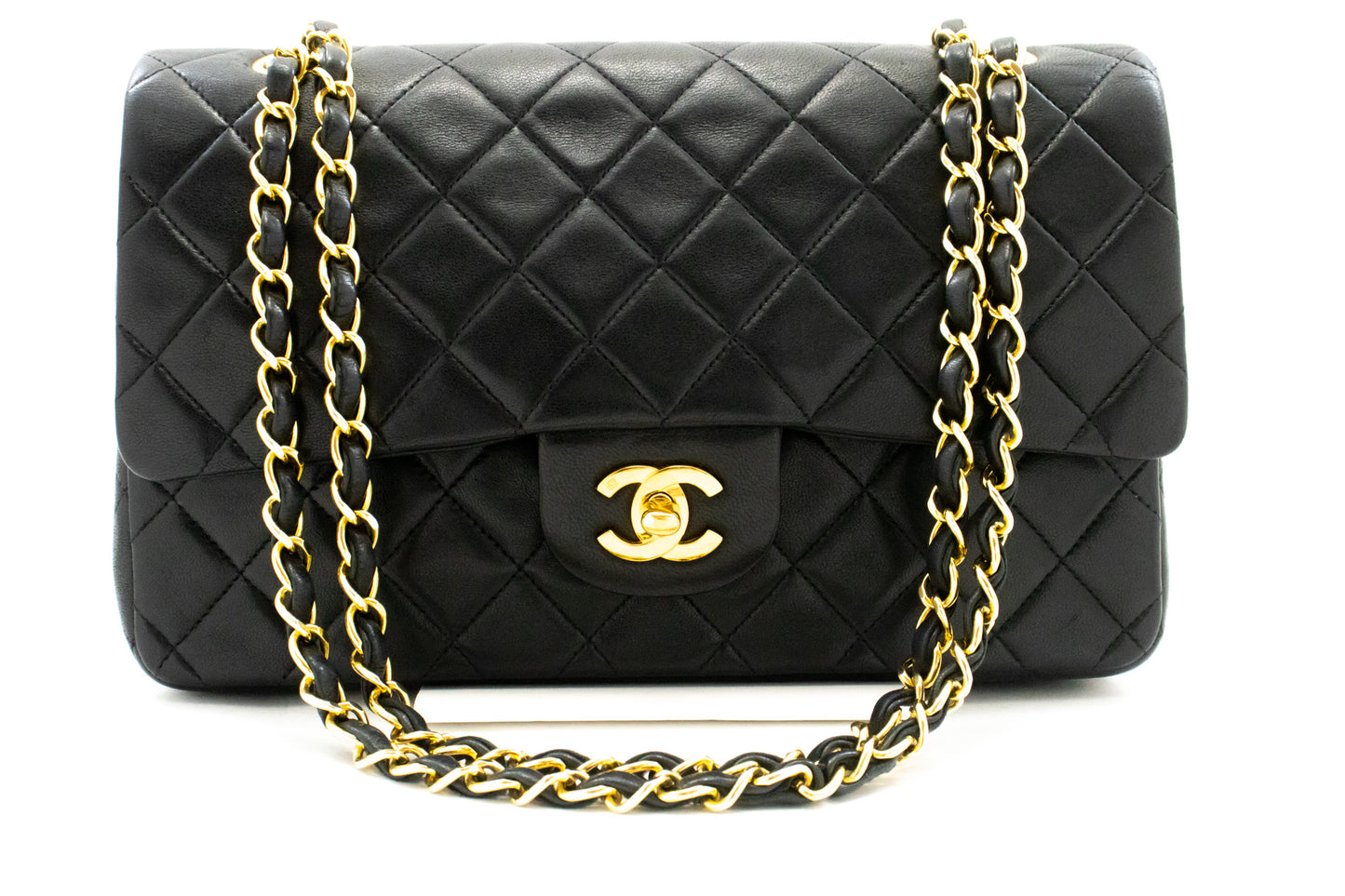 CHANEL Classic Double Flap 10" Chain Shoulder Bag Black Lambskin am3 hannari-shop