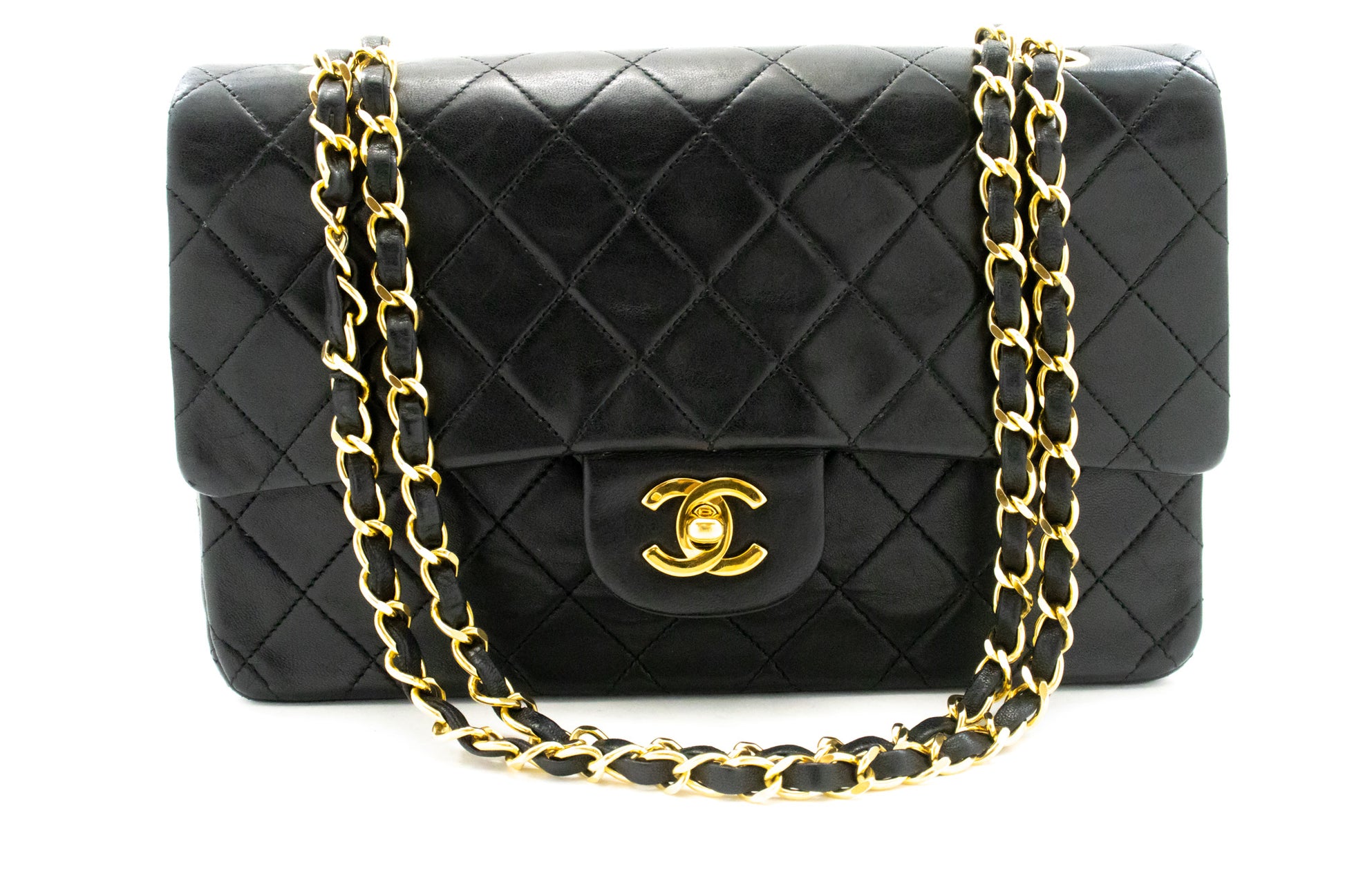 CHANEL Classic Double Flap 10" Chain Shoulder Bag Black Lambskin am2 hannari-shop
