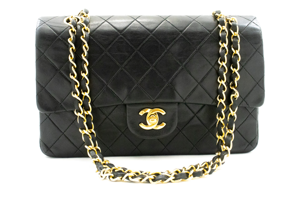 CHANEL Classic Double Flap 10" Chain Shoulder Bag Black Lambskin ak8 hannari-shop