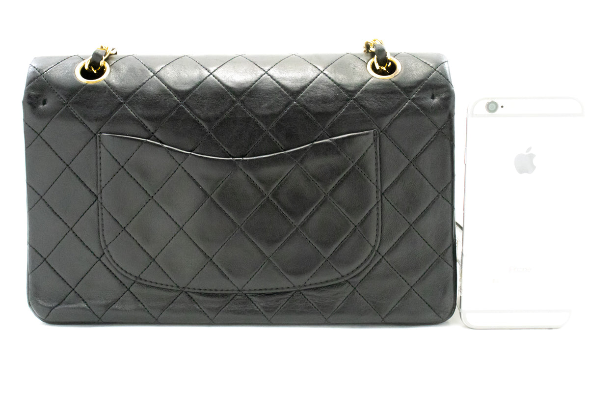 CHANEL Classic Double Flap 10" Chain Shoulder Bag Black Lambskin ak8 hannari-shop
