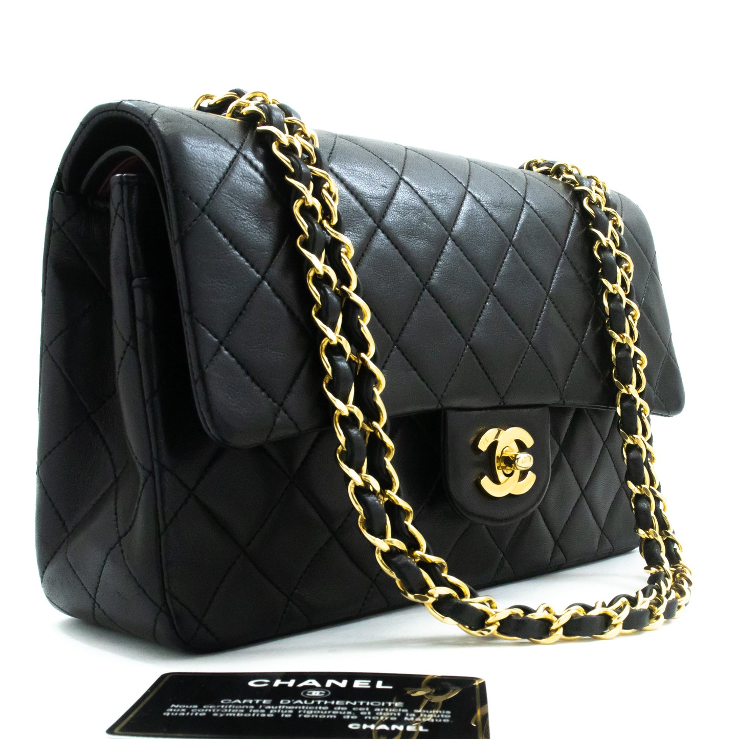 CHANEL Classic Double Flap 10" Chain Shoulder Bag Black Lambskin ak7 hannari-shop