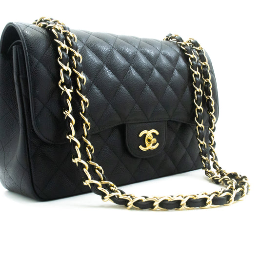 CHANEL 11" Chain Shoulder Bag Double Flap Black Grained Calfskin an5 hannari-shop