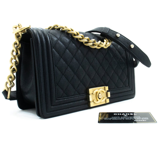 CHANEL Boy Grained Calfskin Chain Shoulder Bag Black Quilted Gold an7 hannari-shop