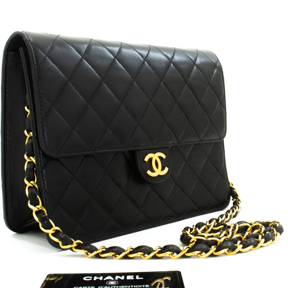 CHANEL Small Chain Shoulder Bag Clutch Black Quilted Flap Lambskin ao8 — top view hannari-shop