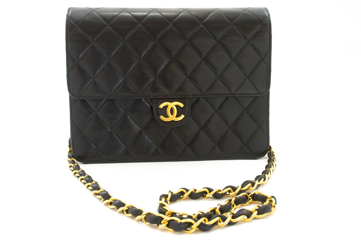 CHANEL Small Chain Shoulder Bag Clutch Black Quilted Flap Lambskin ao8 — front hannari-shop
