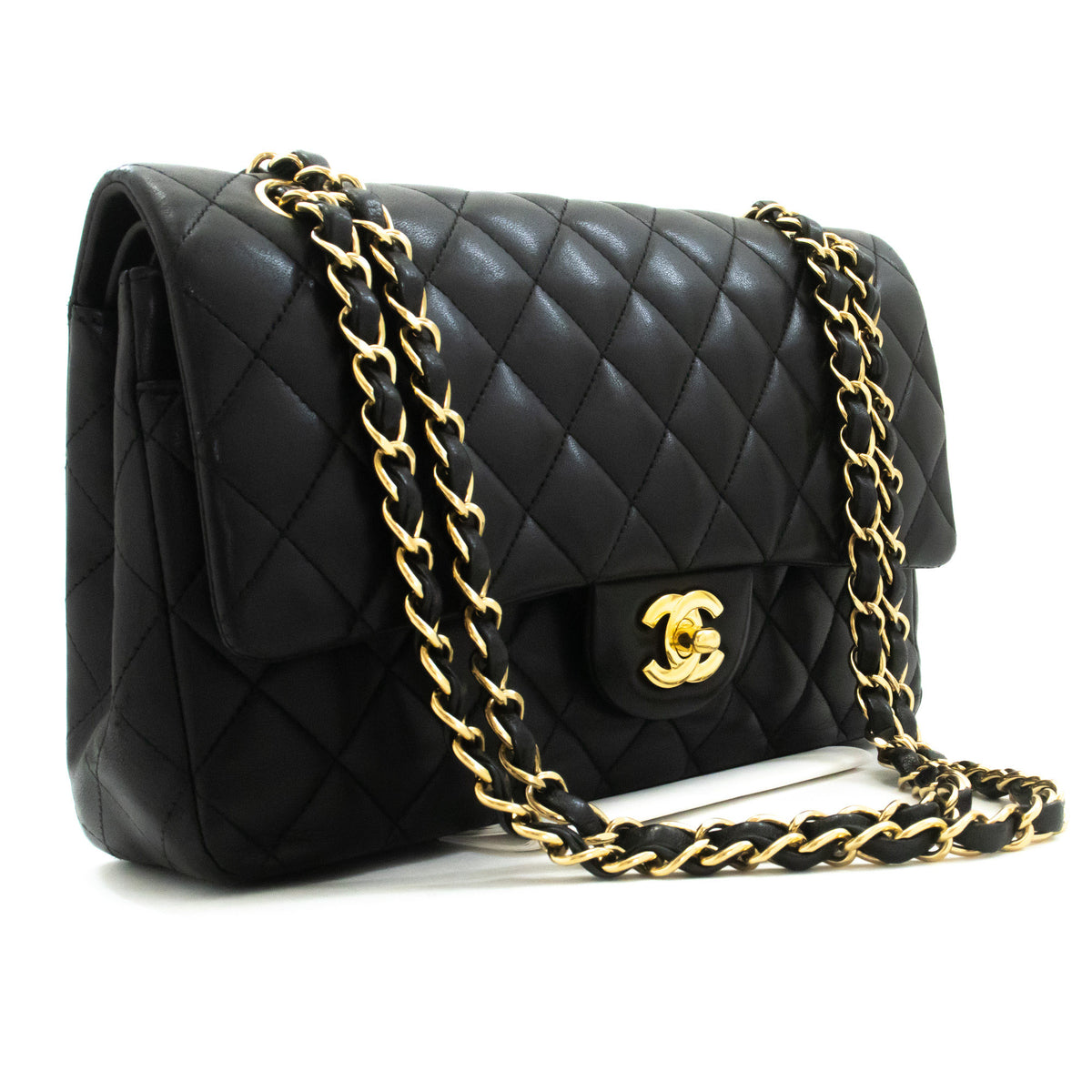 CHANEL Classic Double Flap 10" Chain Shoulder Bag Black Lambskin aq1 — top view hannari-shop