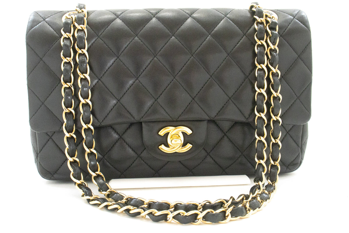 CHANEL Classic Double Flap 10" Chain Shoulder Bag Black Lambskin aq1 — front hannari-shop