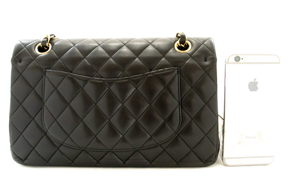 CHANEL Classic Double Flap 10" Chain Shoulder Bag Black Lambskin aq1 — back hannari-shop