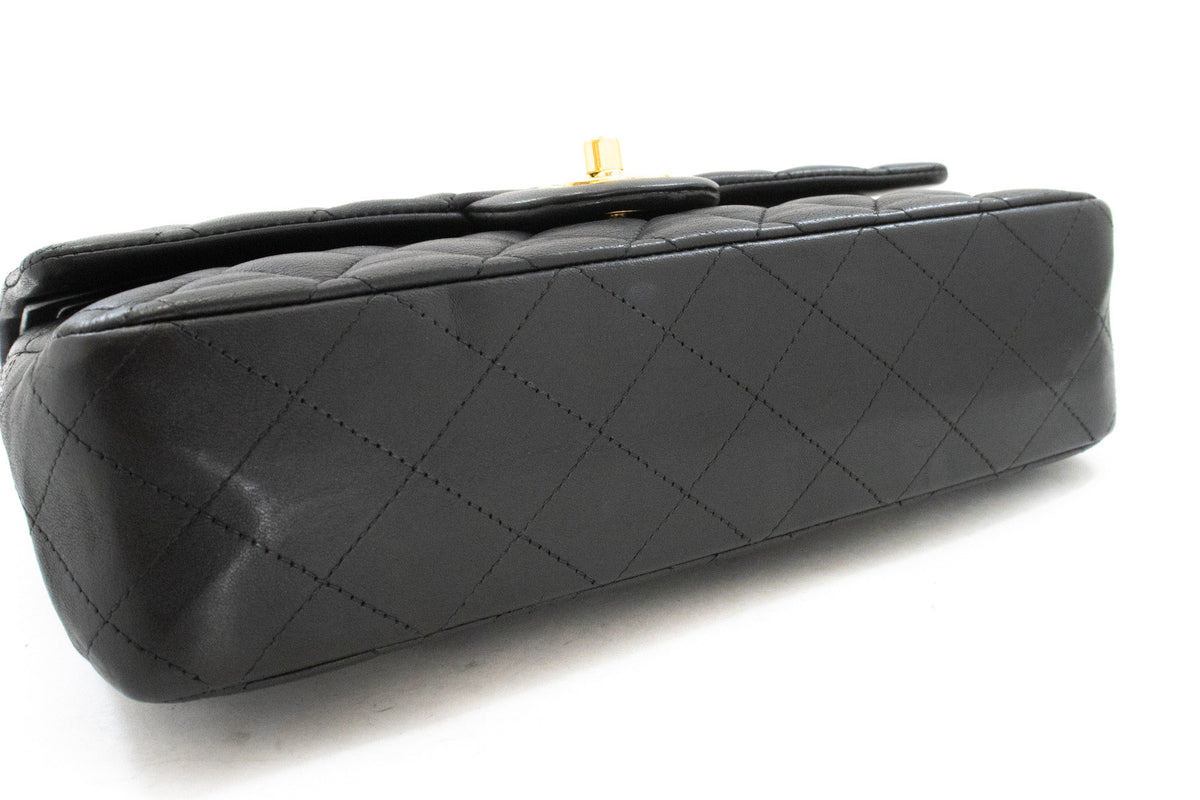 CHANEL Classic Double Flap 10" Chain Shoulder Bag Black Lambskin aq1 — bottom hannari-shop