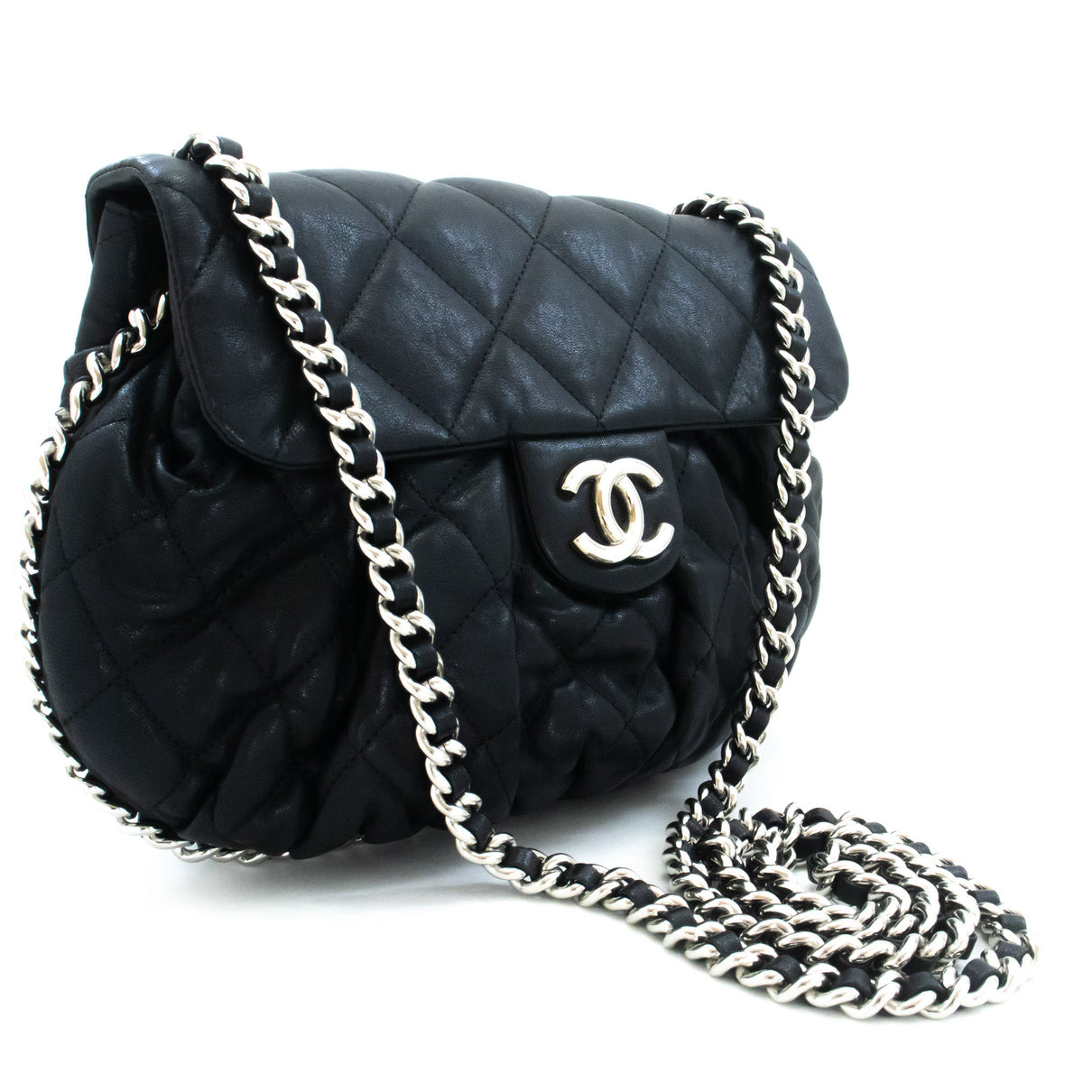 CHANEL Chain Around Shoulder Bag Crossbody Black Calfskin Leather ap9 — top view hannari-shop