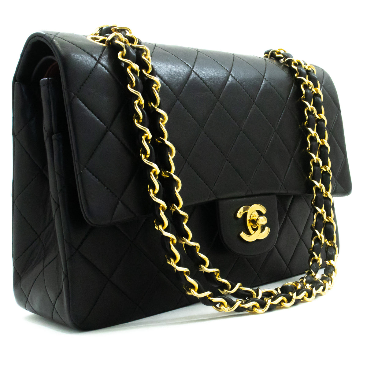 CHANEL Classic Double Flap 10" Chain Shoulder Bag Black Lambskin ao6 — top view hannari-shop