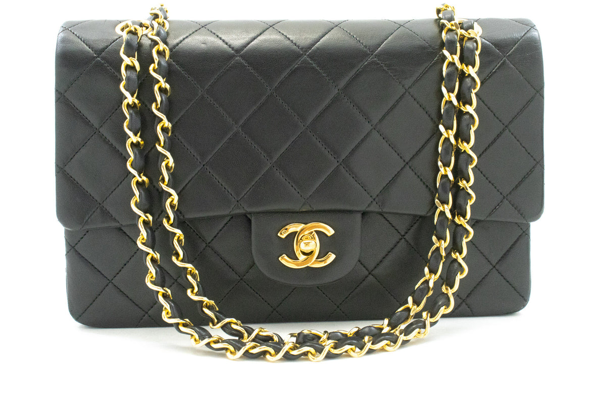 CHANEL Classic Double Flap 10" Chain Shoulder Bag Black Lambskin ao6 — front hannari-shop
