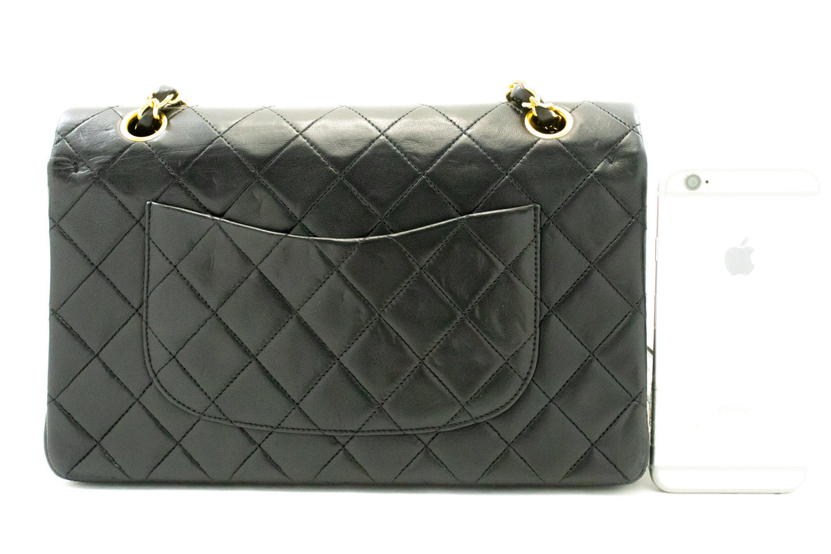 CHANEL Classic Double Flap 10" Chain Shoulder Bag Black Lambskin ao6 — back hannari-shop