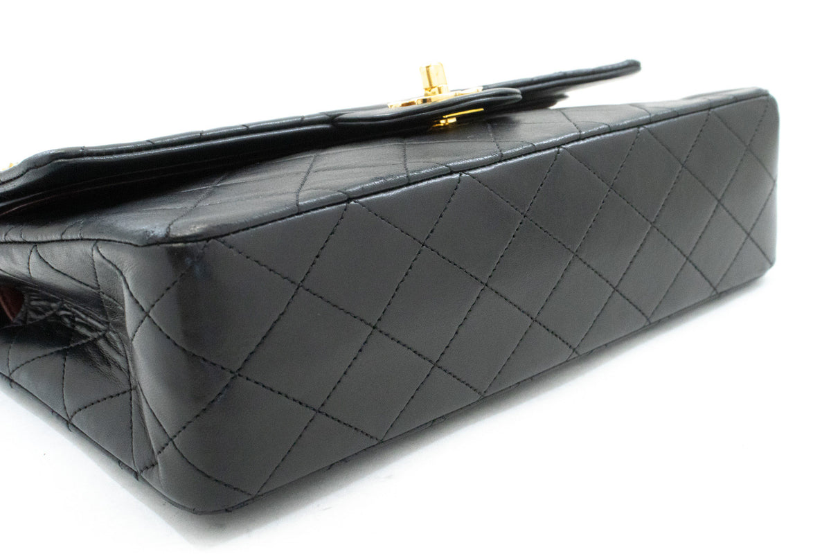 CHANEL Classic Double Flap 10" Chain Shoulder Bag Black Lambskin ao6 — bottom hannari-shop
