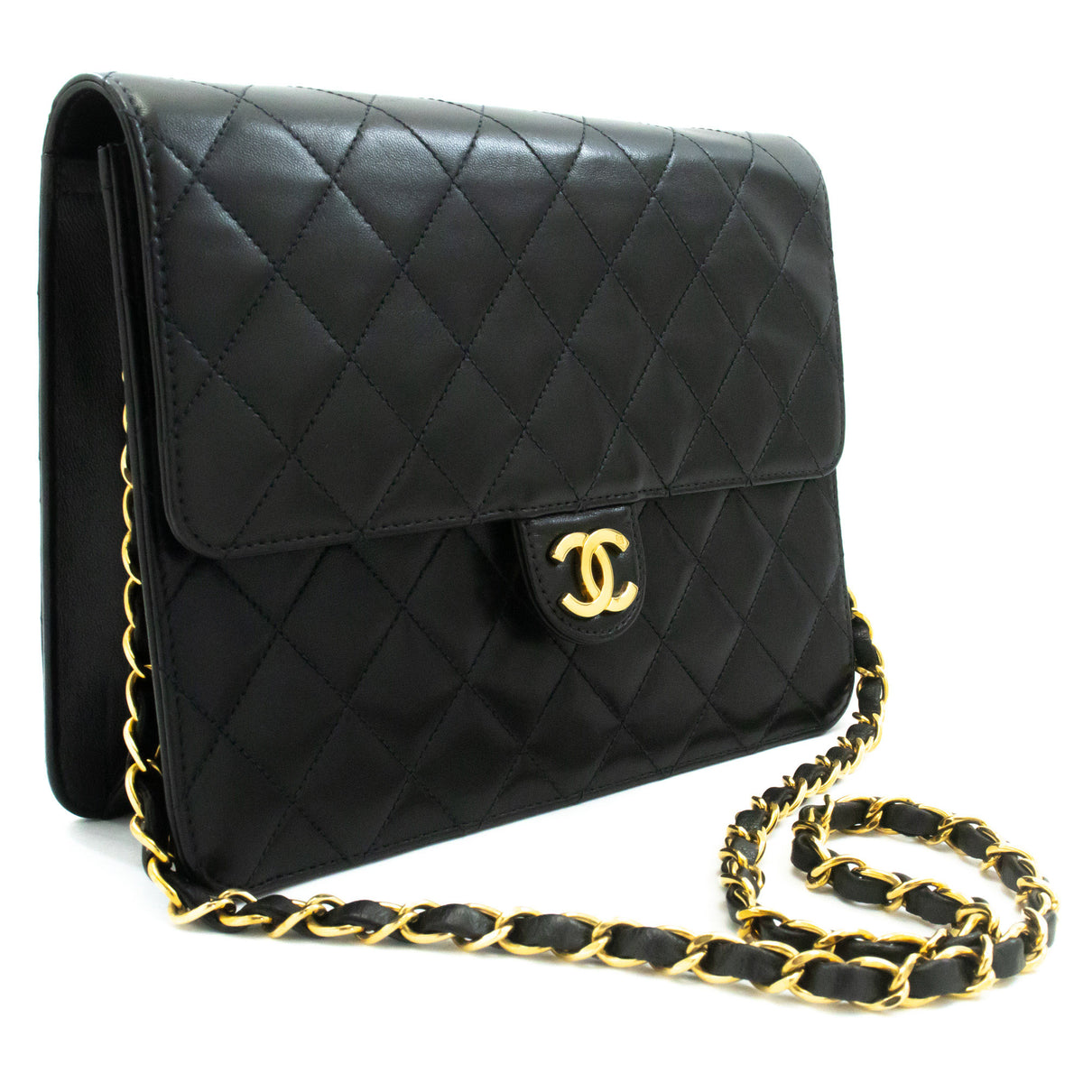 CHANEL Small Chain Shoulder Bag Clutch Black Quilted Flap Lambskin ao7 — top view hannari-shop