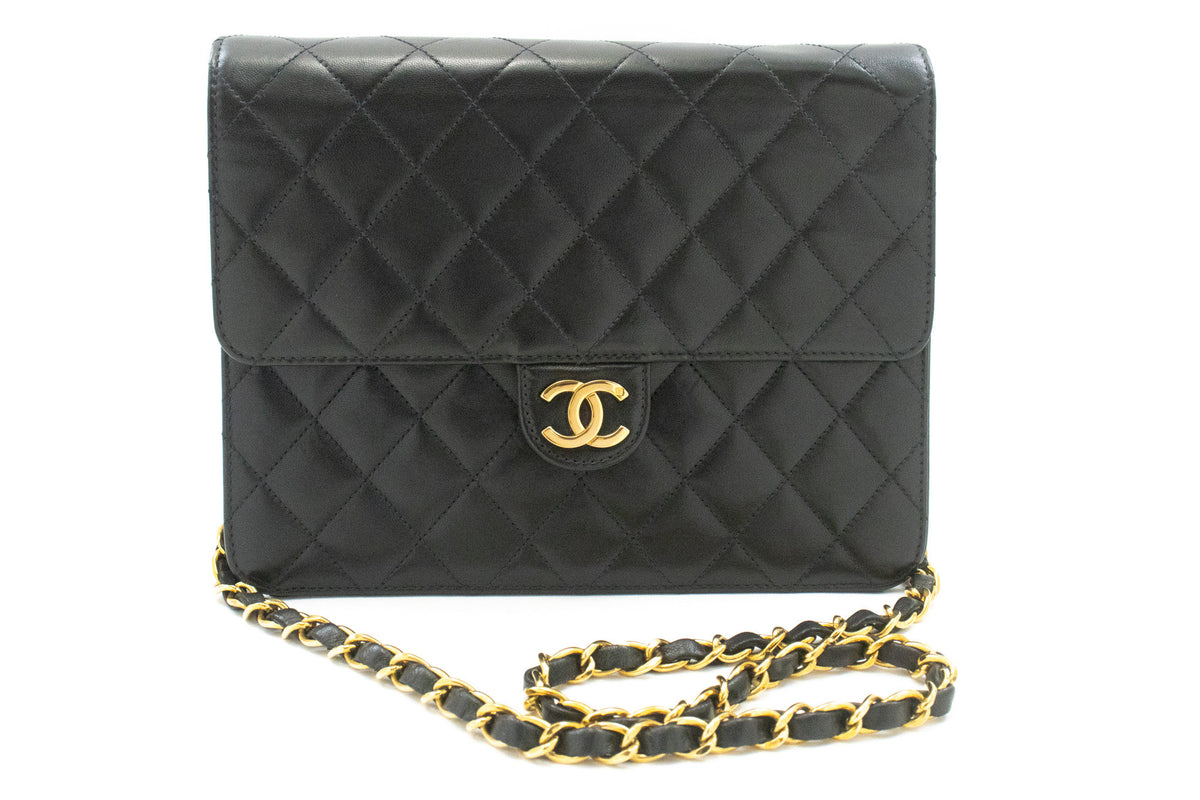 CHANEL Small Chain Shoulder Bag Clutch Black Quilted Flap Lambskin ao7 — front hannari-shop