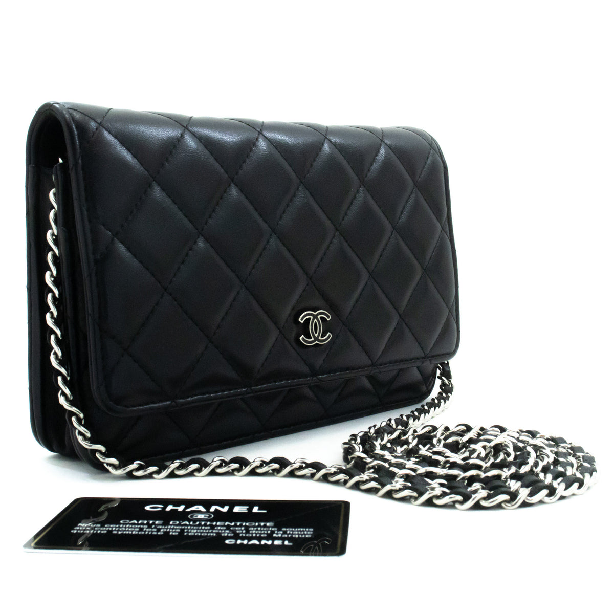 CHANEL Black Classic Wallet On Chain WOC Shoulder Bag Lambskin SV ap8 — top view hannari-shop
