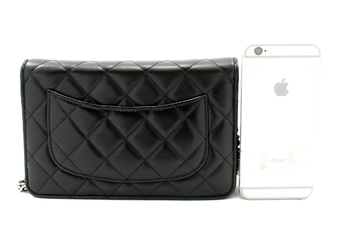 CHANEL Black Classic Wallet On Chain WOC Shoulder Bag Lambskin SV ap8 — back hannari-shop