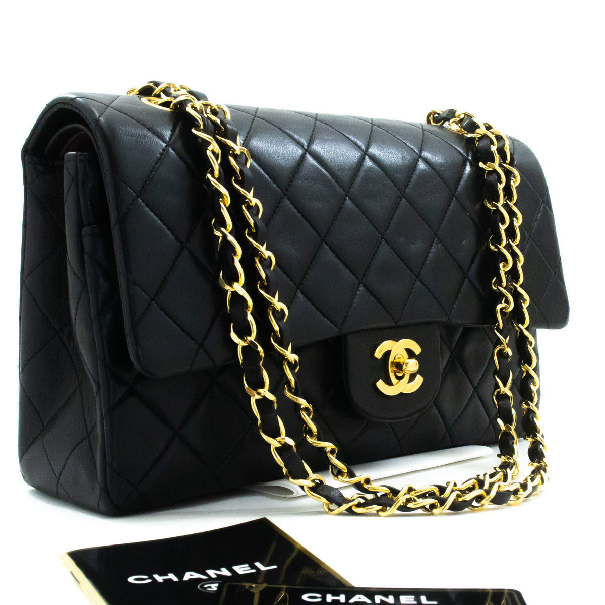 CHANEL Classic Double Flap 10" Chain Shoulder Bag Black Lambskin ap6 — top view hannari-shop