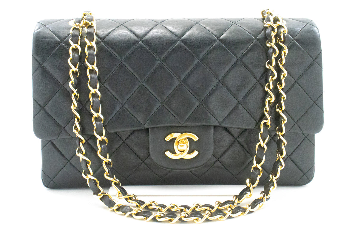 CHANEL Classic Double Flap 10" Chain Shoulder Bag Black Lambskin ap6 — front hannari-shop