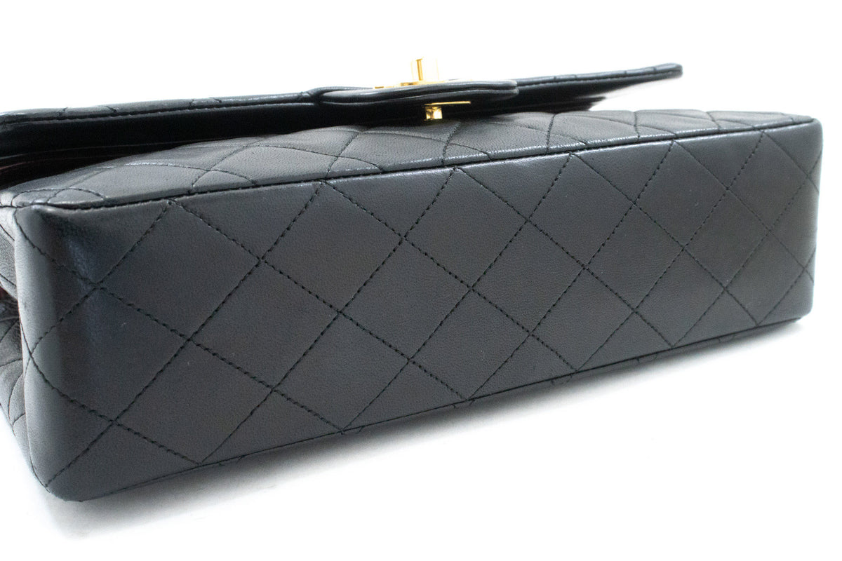 CHANEL Classic Double Flap 10" Chain Shoulder Bag Black Lambskin ap6 — bottom hannari-shop