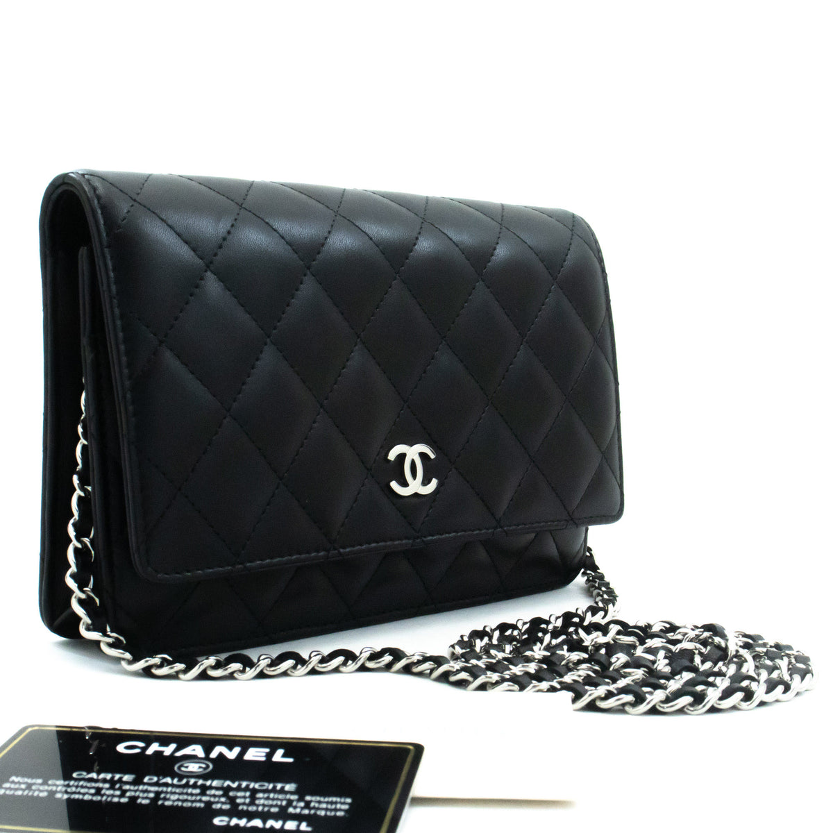 CHANEL Black Classic Wallet On Chain WOC Shoulder Bag Lambskin ap5 — top view hannari-shop