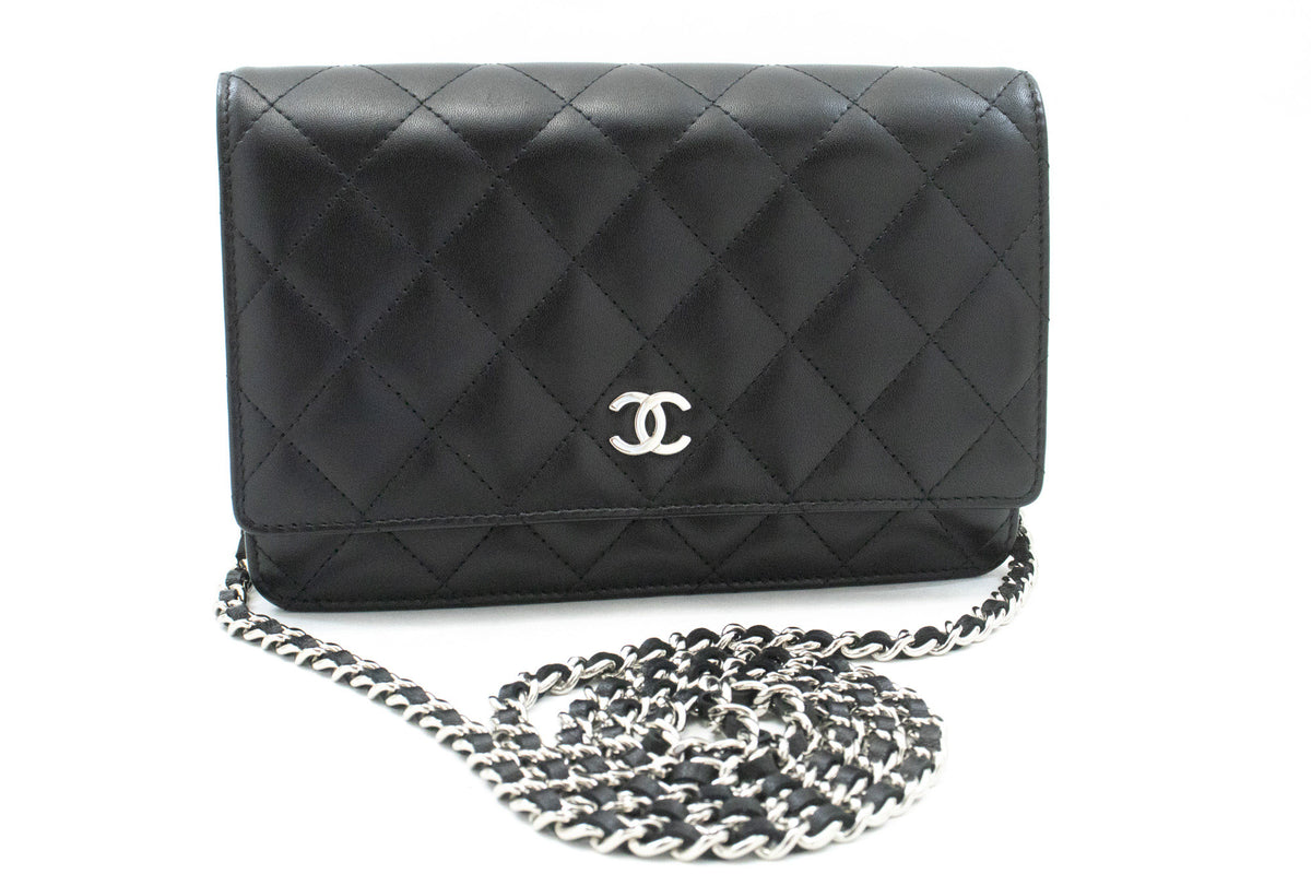 CHANEL Black Classic Wallet On Chain WOC Shoulder Bag Lambskin ap5 — front hannari-shop