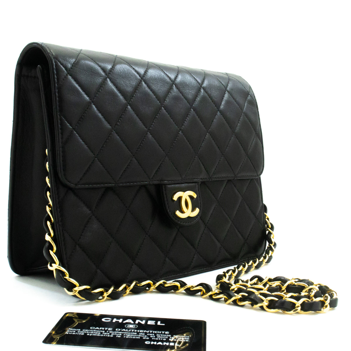 CHANEL Small Chain Shoulder Bag Clutch Black Quilted Flap Lambskin ap4 — top view hannari-shop