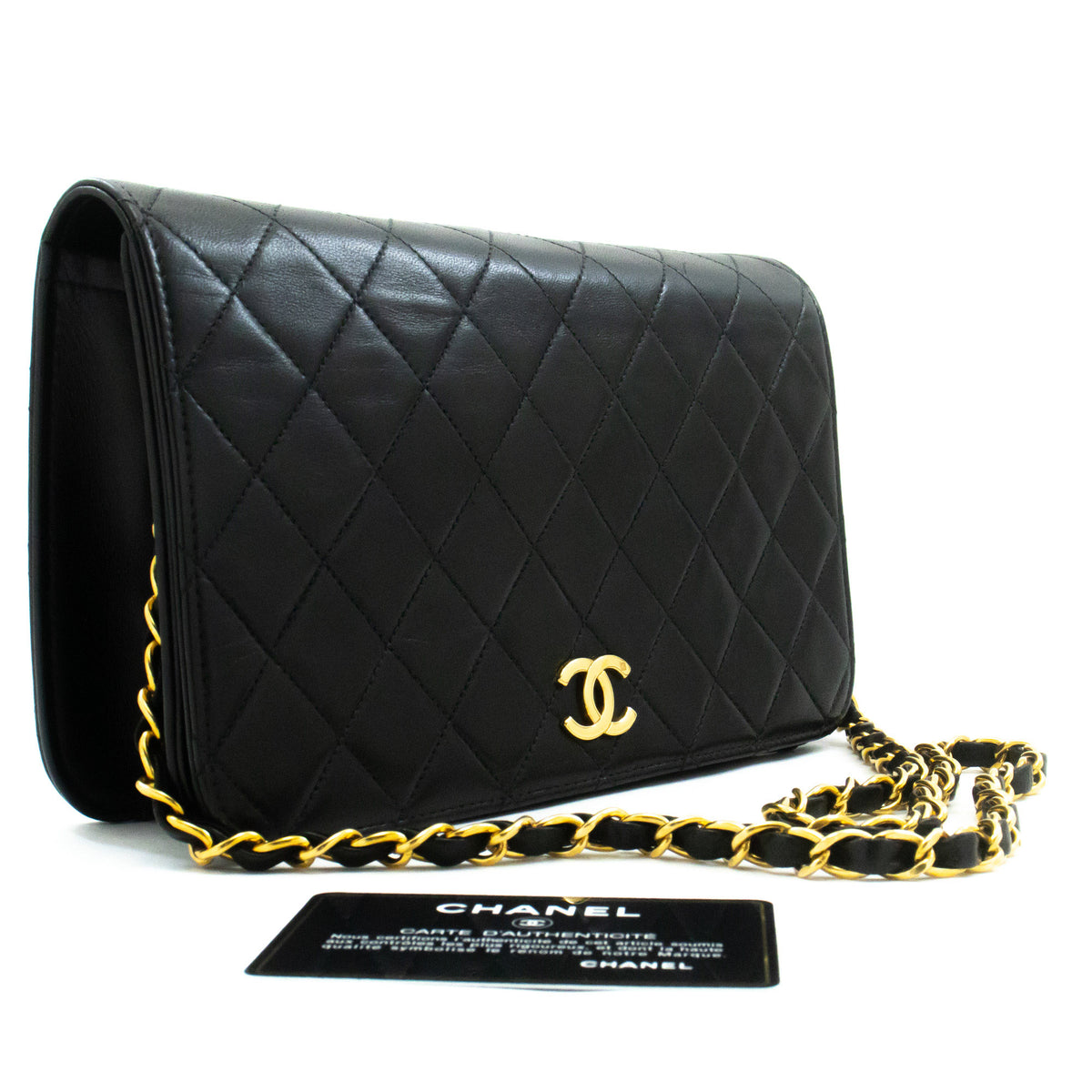CHANEL Full Flap Chain Shoulder Bag Clutch Black Quilted Lambskin ao4 — top view hannari-shop