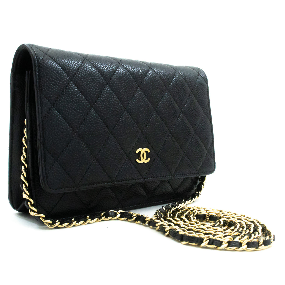 CHANEL Grained Calfskin Wallet On Chain WOC Black Shoulder Bag ap1 — top view hannari-shop