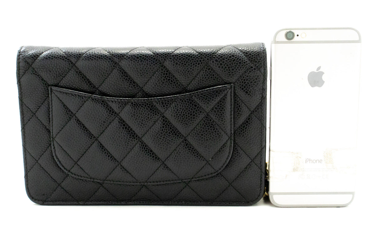 CHANEL Grained Calfskin Wallet On Chain WOC Black Shoulder Bag ap1 — back hannari-shop