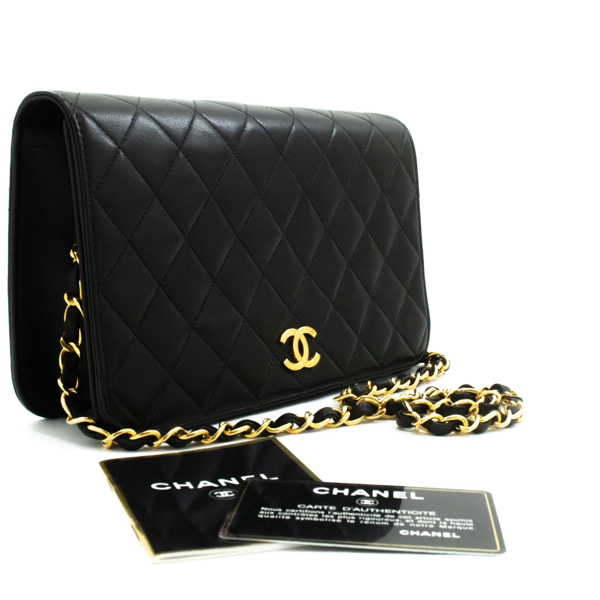 CHANEL Full Flap Chain Shoulder Bag Clutch Black Quilted Lambskin ao5 — top view hannari-shop