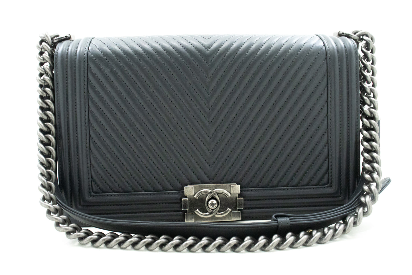 CHANEL Boy Dark Gray V-Stitch Chain Shoulder Bag Quilted Flap n41 hannari-shop