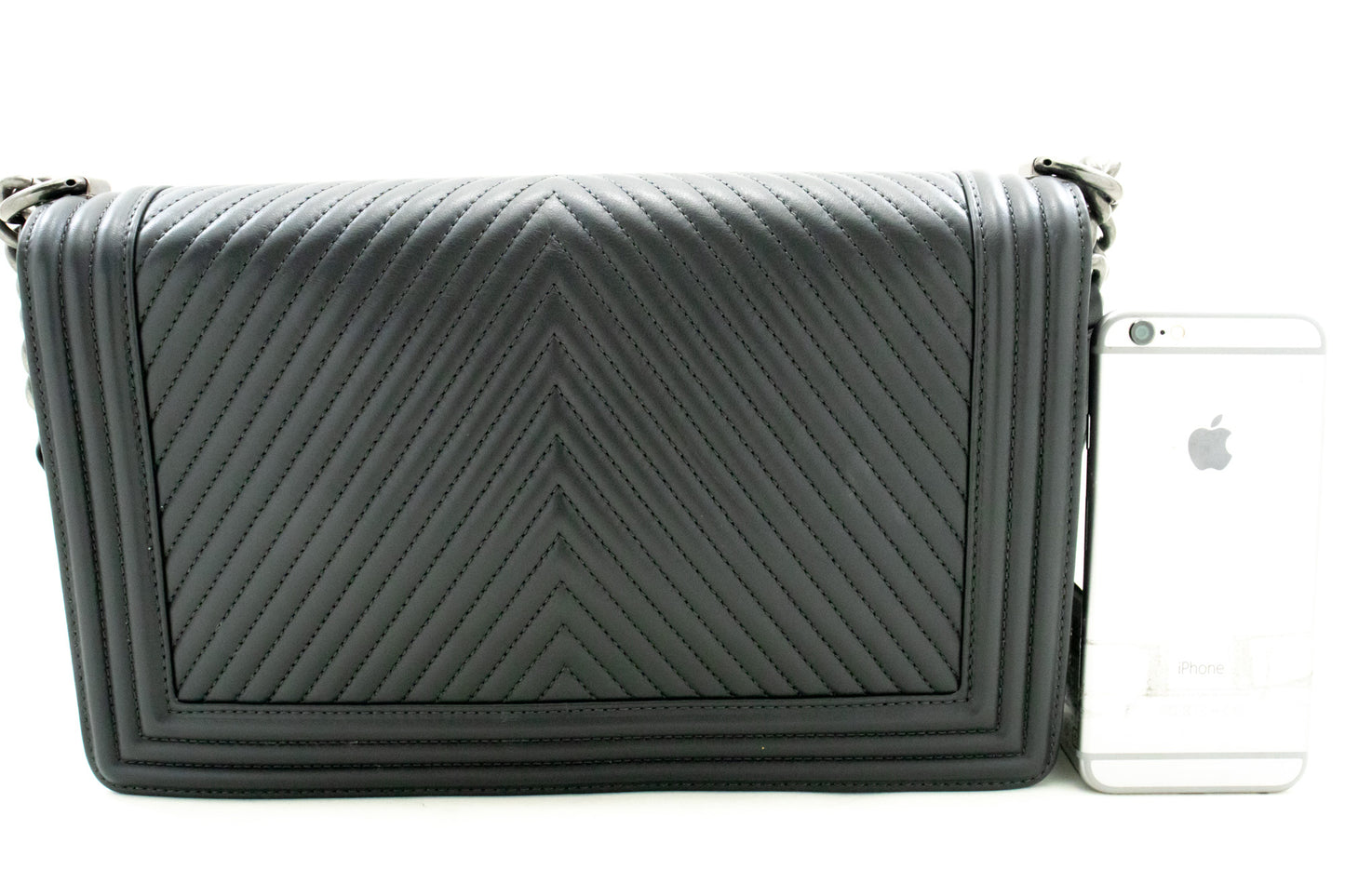 CHANEL Boy Dark Gray V-Stitch Chain Shoulder Bag Quilted Flap n41 hannari-shop