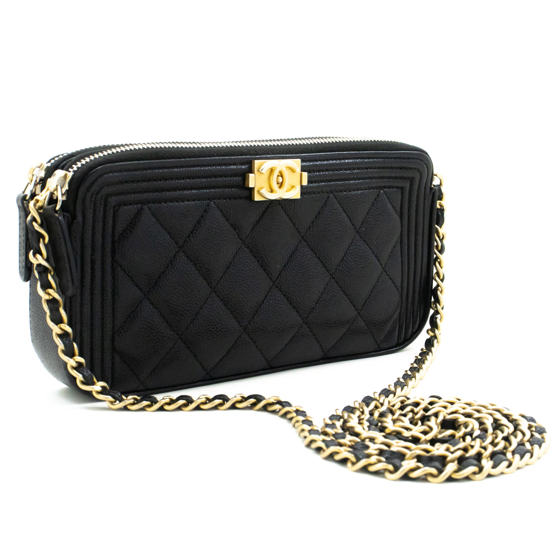 CHANEL Boy Black Caviar Wallet On Chain WOC Double Zip Shoulder n35 hannari-shop