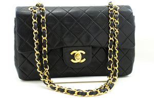 CHANEL Classic Double Flap 9" Chain Shoulder Bag Black Lambskin n10 hannari-shop
