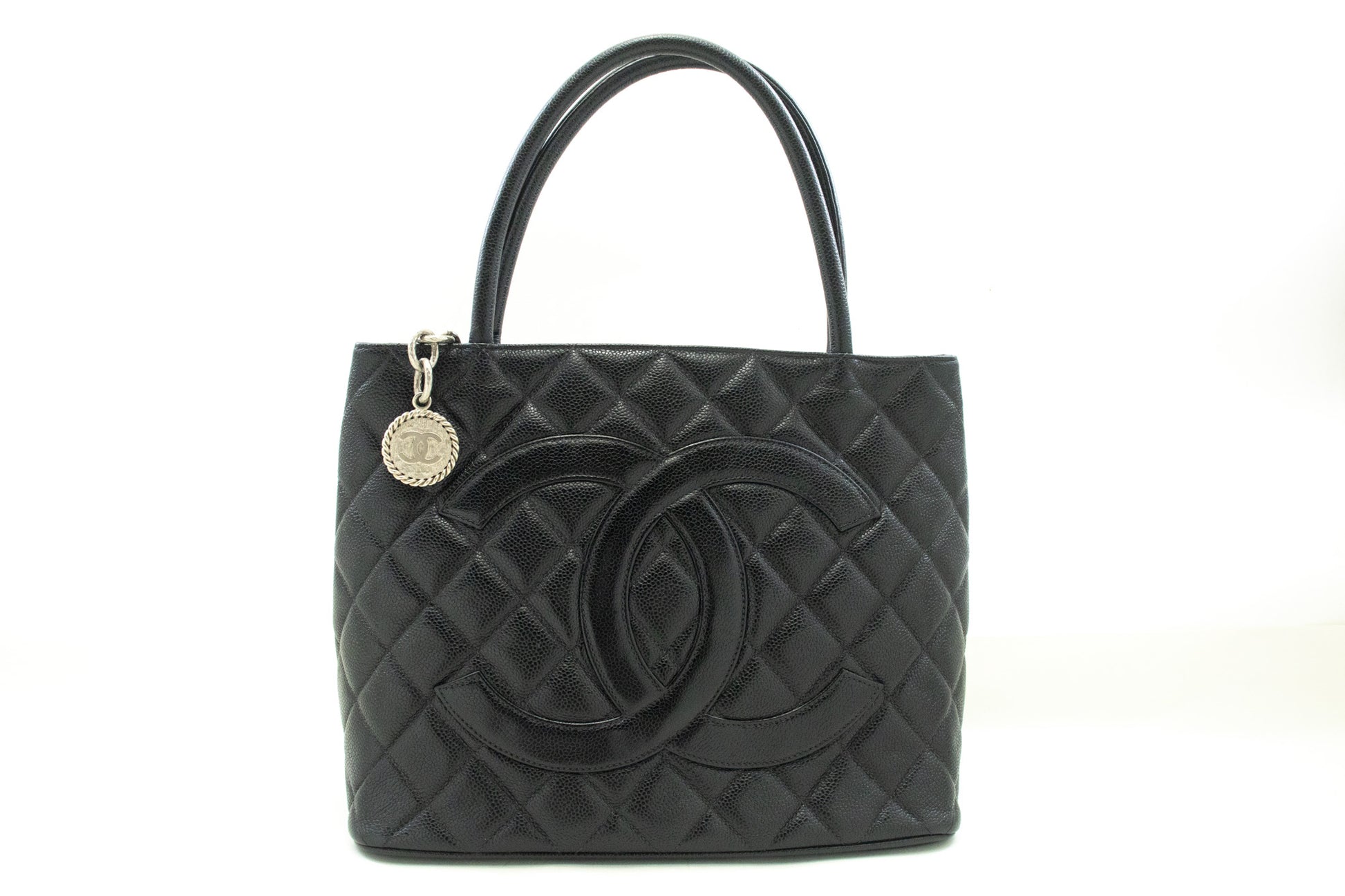 CHANEL Silver Medallion Caviar Shoulder Bag Shopping Tote Black SV n42 hannari-shop
