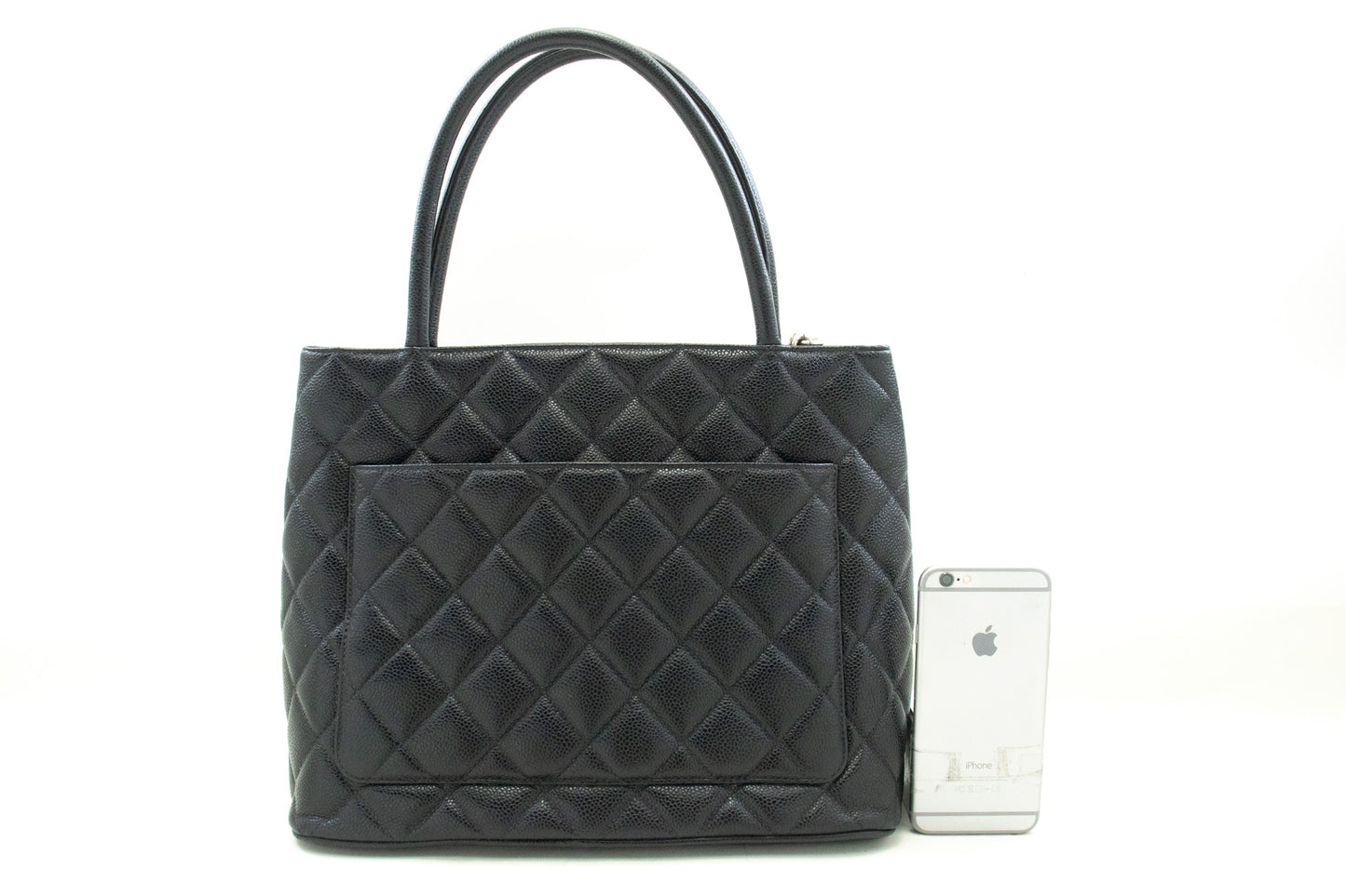 CHANEL Silver Medallion Caviar Shoulder Bag Shopping Tote Black SV n42 hannari-shop