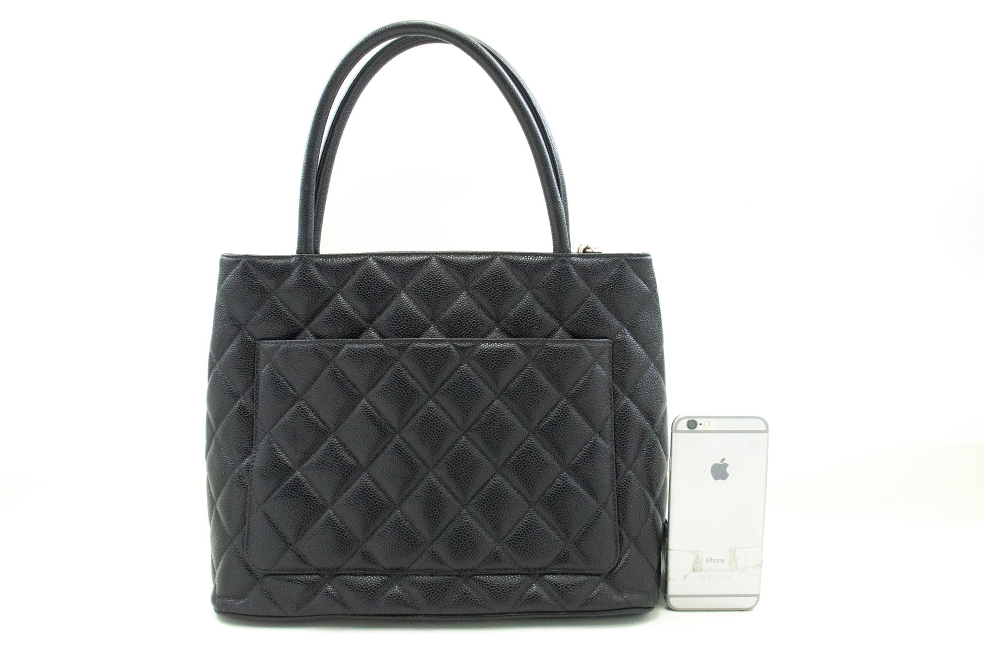 CHANEL Silver Medallion Caviar Shoulder Bag Shopping Tote Black SV n42 hannari-shop