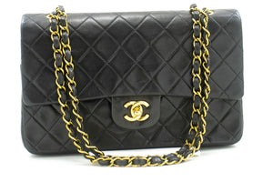 CHANEL Classic Double Flap 10" Chain Shoulder Bag Black Lambskin p18 hannari-shop