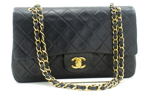 CHANEL Classic Double Flap 10" Chain Shoulder Bag Black Lambskin p21 hannari-shop