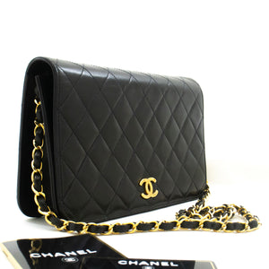 CHANEL Full Flap Chain Shoulder Bag Clutch Black Quilted Lambskin p74 hannari-shop