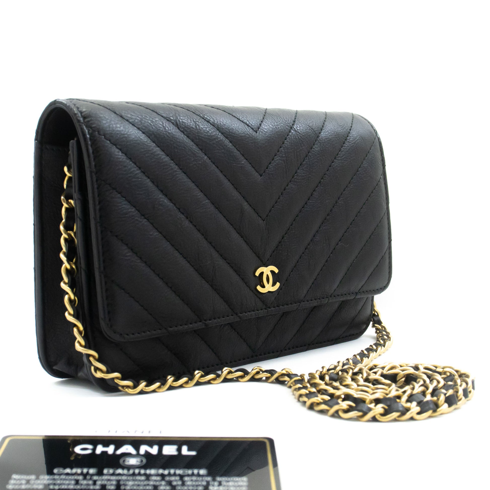 CHANEL V-Stitch Calfskin Wallet On Chain WOC Chain Shoulder Bag ab2 hannari-shop
